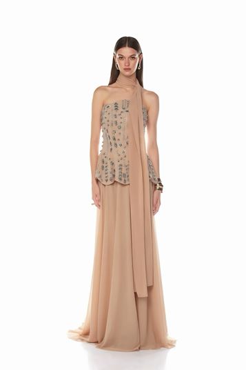 Beige Strapless Chiffon Evening Dress